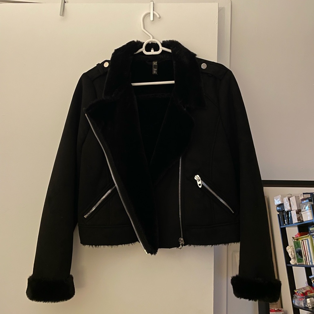 Zara Suede-like Jacket with Faux Fur Trim